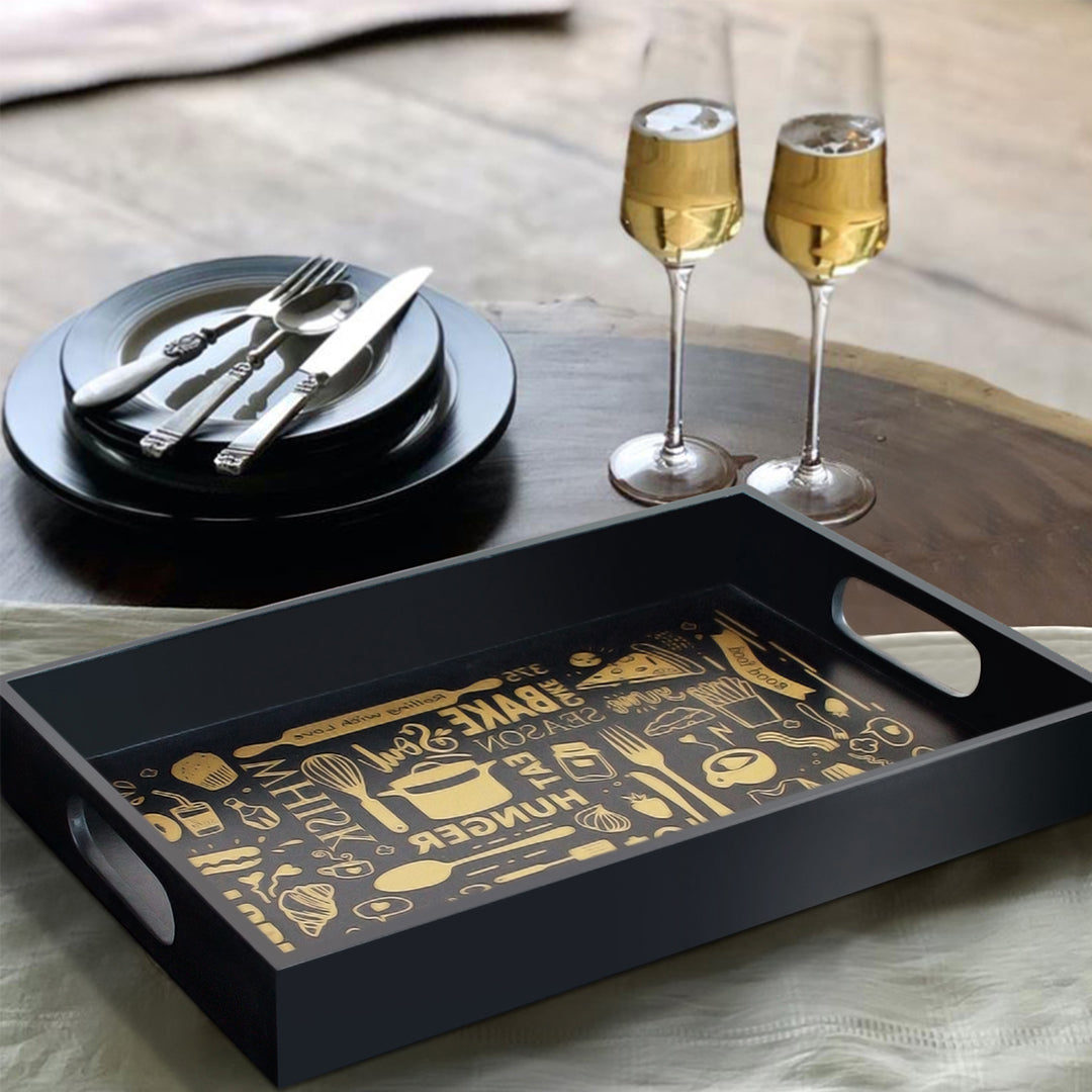 Handcrafted wooden tray featuring luxurious gold detailing.