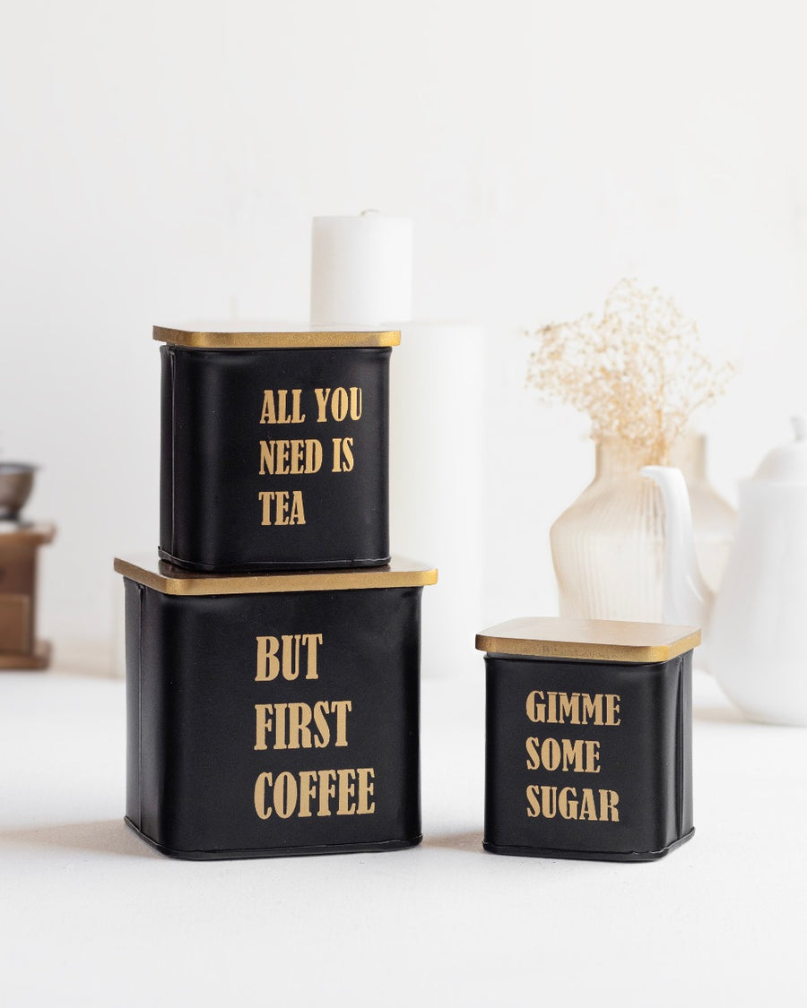 Stylish tea, sugar, coffee container set with wooden lid.